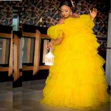 Bright Yellow African Prom Dresses Chic Tiered Tulle Off The Shoulder Dubai Women Evening Dress Black Girls Formal Party Gowns 2024 - buy cheap