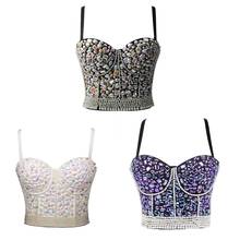 Womens Colorful Rhinestone Push Up Bra Bustier Pearl Beaded Underwire Camisole Sexy Punk Party Clubwear Corset Crop Top 2024 - buy cheap