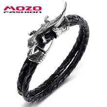 Fashion Bangle Men Jewelry Black Double Layer Leather Stainless Steel Punk Lizard Charm Chameleon Bracelet 2024 - buy cheap