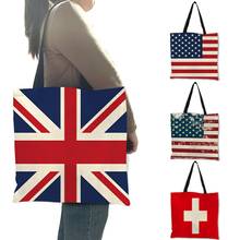 Bolso de mano personalizado de alta moda para mujer, bolsa de hombro de lino con estampado de la bandera nacional del país, bolso de compras reutilizable 2024 - compra barato