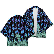 Gradiente azul chama impresso quimono cardigan masculino japonês tradicional casual solto fino conjunto casaco calças roupas asiáticas harajuku 2024 - compre barato
