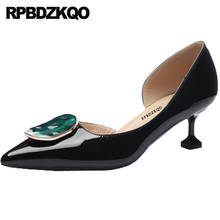 Zapatos de tacón medio de charol para mujer, calzado fino con punta puntiaguda, color Nude, de diseñador, talla 4, 34, 2021 2024 - compra barato