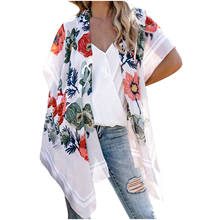 Шифоновое пляжное кимоно для женщин, уличный длинный кардиган с рукавом до локтя и принтом, свободная шаль, верхняя одежда 2024 - купить недорого