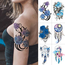 Водостойкая временная татуировка-наклейка синий фиолетовый цветок Тотем флэш-татуировки Роза Ловец снов боди-арт рука поддельные татуировки для женщин и мужчин 2022 - купить недорого