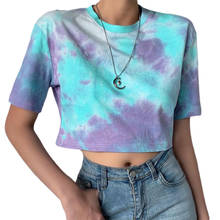 Women New Fashion Colorful T-shirts Tie Dye Crop Top Round Neck Short Sleeve Ins Popular Pullover Short Tees Tops 2024 - купить недорого