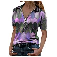 Zipper V-neck Streetwear Shirt Summer Fashion Short Sleeve Women's Blouse Printed Vintage Tunic Tops Women 3xl Plus Size Рубашка 2024 - buy cheap