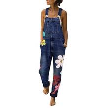 Macacão feminino jeans com bolsos, estampa floral, bolsos, lavável, macacão jeans, suspensórios, calças, novo, 2021 2024 - compre barato