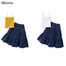 Blotona Little Girls Stylish 2Pcs Outfit, Solid Color Stringy Selvedge Sleeveless Suspender Top + Long Denim Skirt Set 2-7Years 2024 - buy cheap