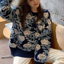 Women's Flowers Printed Loose Long Sleeve Top O Neck Casual Knitted Sweater Female Elegant Pullover Jumpers Feme 2024 - buy cheap