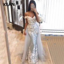 Silver Off the Shoulder Evening Dress Applique Detachable Train Islamic Dubai Kaftan Saudi Arabic Prom Dress vestidos 2024 - buy cheap