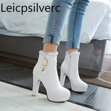 Women's Boots The New winter fashion pearl Round head zipper High heel Ankle boots Women's shoes plus size 32-43 black White 2024 - buy cheap