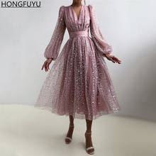 Блестящие короткие платья HONGFUYU для выпускного вечера с V-образным вырезом, вечерние платья с пышными длинными рукавами, длиной ниже колена, 2021, вечерние платья 2024 - купить недорого