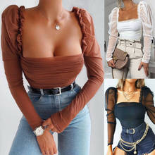 2019 New Women Sexy Shirt Casual Top Solid Mesh Patchwork Puff Sleeve Ruched Blouse 2024 - buy cheap