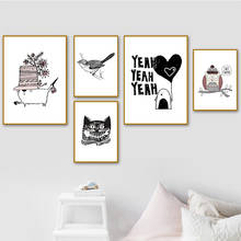 Pinturas en lienzo de búho, pájaros y gato para pared, carteles nórdicos e impresiones, imágenes de pared blancas y negras para habitación de bebés y niños 2024 - compra barato