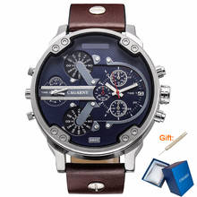 CAGARNY-reloj analógico de cuarzo para hombre, accesorio de pulsera de cuero con doble esfera, complemento masculino de marca de lujo con diseño militar y calendario, tamaño grande de 50mm 2024 - compra barato