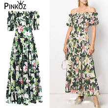 Pinkoz runway designer lily flower printed slash neck ruched floral maxi A-line short sleeve summer robe de mujer vintage dress 2024 - buy cheap