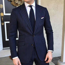 2021 Hot Selling Navy Blue 2 Piece Slim Fit Business Men Suit Stripe Groom Wedding Tuxedo Custom Made Prom Wedding Suits For Men 2024 - buy cheap