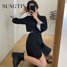Sungtin Casual Stripe Office Dress 2022 Mini Elegant Business Blazer Dress Women Long Sleeve Female Bare Waist New Fashion 2024 - buy cheap