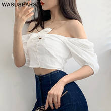 Женская блузка с коротким рукавом, белый укороченный топ с квадратным вырезом, на пуговицах, с завязками спереди, Повседневная Уличная одежда в Корейском стиле 2024 - купить недорого