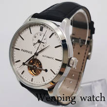 Parnis 2021 new 43mm mens top flywheel watches silver case white dial leather strap automatic mens watch 2024 - buy cheap