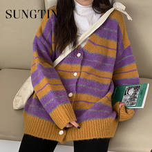 Sungtin Korea Striped Knitted Cardigan Women Vintage Oversized Cozy Loose Color Block Sweater Coat Elegant Casual Jumpers Jacket 2024 - buy cheap