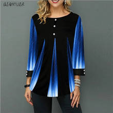 5XL camisa de talla grande para mujeres primavera otoño nueva blusa de cuello redondo manga 3/4 botón de impresión Casual Camisa de moda femenina remeras camiseta de calle 2024 - compra barato