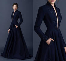 Navy Blue Muslim Evening Dresses A-line Deep V-neck Long Sleeves Appliques Beaded Dubai Saudi Arabic Long Evening Gown Prom 2024 - buy cheap