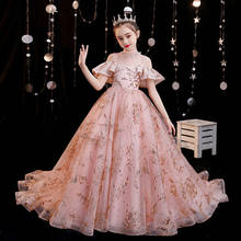 Children Girls High Quality Luxury Sweet Pink Model Catwalk Communication Princess Long Tail Dress Wedding Party Birthday Dress 2024 - buy cheap