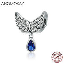 Anomokay Authentic 925 Sterling Silver Angel Wings Pendant Charm fit Women Bracelet Necklace Dark Blue Crystal Dangle Jewelry 2024 - buy cheap