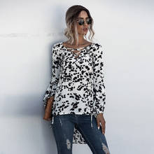 Blusa feminina atravessada com decote em v, camisa feminina manga solta assimétrica com alça cruzada 2024 - compre barato