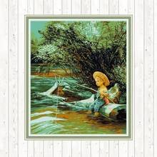 Fishing Boy Counted Cross Stitch Kits 14ct 11ct Counted Printed Patterns Canvas for Embroidery Kit DIY Needlework Decor Crafts 2024 - buy cheap