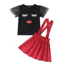 NEW 2020 Baby Girl Toddler Kids Summer Clothes Sets Outfits Lip Print Lace Sleeve T-shirt Top & Strap Dress 2024 - buy cheap