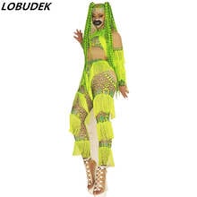 Clubwear Tassel Jumpsuit Long Sleeve Spandex Stretch Fluorescent Green Leotard Stage Wear Women Singer Dancer Party Show Costume 2024 - buy cheap