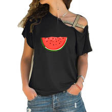 Camiseta feminina estampada da felicidade em melancia, manga curta, assimétrica, faixa cruzada, novo, 2020 2024 - compre barato