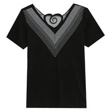 Camiseta de manga corta con agujeros para mujer, ropa de moda con cuello en V, ajustada con diamantes, estilo callejero, negra, 6601 2024 - compra barato