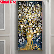 Pintura de diamante 5d diy, cuadro abstracto de árbol dorado, flores, Cuadrado completo, redondo, hecho a mano, nuevo regalo, icono de bordado de diamantes, planta 2024 - compra barato