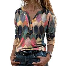 Long Sleeve Retro Geometric Print V Neck Multicolor Blue Purple Yellow Color Block Button Blouse Female Lady Vintage Shirts 2021 2024 - buy cheap