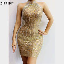 Fashion Gold Silver Rhinestones Chains Mesh MINI Dress Birthday Celebrate Dress Female Singer Dancer Outfit Transparent Dress 2024 - buy cheap