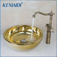 KEMAIDI cuarto de baño de cerámica lavabo fregadero ronda dorado pulido lavabo en el cuarto de baño de latón antiguo doble baño grifo 2024 - compra barato