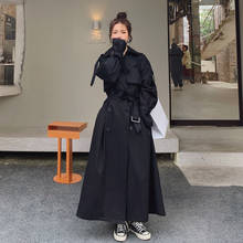 Двубортная черная длинная ветровка для женщин, свободный бандажный плащ-макси в британском стиле, женский элегантный жакет, пальто 2024 - купить недорого