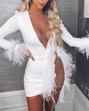 DPSDE Black White Lace Women Skinny Bandage Dress Feather Full Sleeve Sexy Mini Dress Night Club Autumn New 2020 Bodycon Dress 2024 - buy cheap