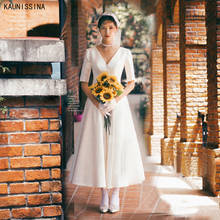 Kaissina-vestidos de novia de satén con cuello en V para mujer, ropa de boda Simple, línea A, blanco, manga corta, novia 2024 - compra barato