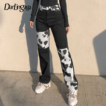 Darlingaga Streetwear Cow Print Patchwork High Waist Jeans Straight Slim Woman Pants Vintage Trousers Contrast Color Bottom 2024 - buy cheap