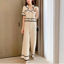 2021 New Summer Elegant Knitted 2 Piece Set Women Double Breasted Short Sleeve Lapel Cardigan Wide Leg Pants Suits Female 2024 - buy cheap