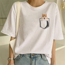 Женская футболка с принтом Maycaur, футболка с забавным принтом в Корейском стиле, с карманом Шиба-ину, Ulzzang 2024 - купить недорого