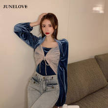 JuneLove Women Blouses Bow Gauze Patchwork Pleuche Shirts Sexy Lady Square Collar Puff Sleeve Blouse Korean Fashion Blusas Tops 2024 - buy cheap