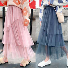 Irregular Tulle Skirt Autumn Korean Cute Layered Mesh Skirts Womens Gray Green Pink Black Skirt Long 2024 - buy cheap