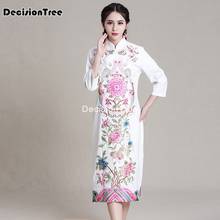 2021 chinese dress women half sleeve qipao modern cotton linen cheongsam dress gown traditional flower embroidery qipao dress 2024 - buy cheap