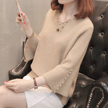 Knitted Women Sweaters And Pullovers Flare Sleeved Pearl Thin Lady Elegant Pulls Fashion Outwear Coat Pulls Tops 2024 - buy cheap