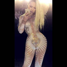 3D White Rhinestones Long Sleeve Jumpsuit Birthday Celebrate Prom Nude Stretch Outfit Women Singer Dancer Costume 2024 - buy cheap